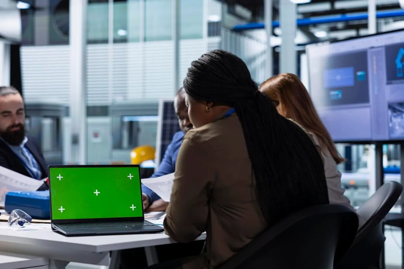 Заводской эксперт исследует новые фотовольтаические материалы на макете планшета.